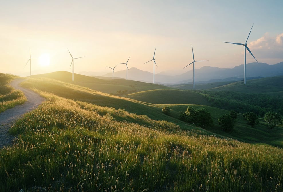 Windräder auf grünen Hügeln im Sonnenuntergang