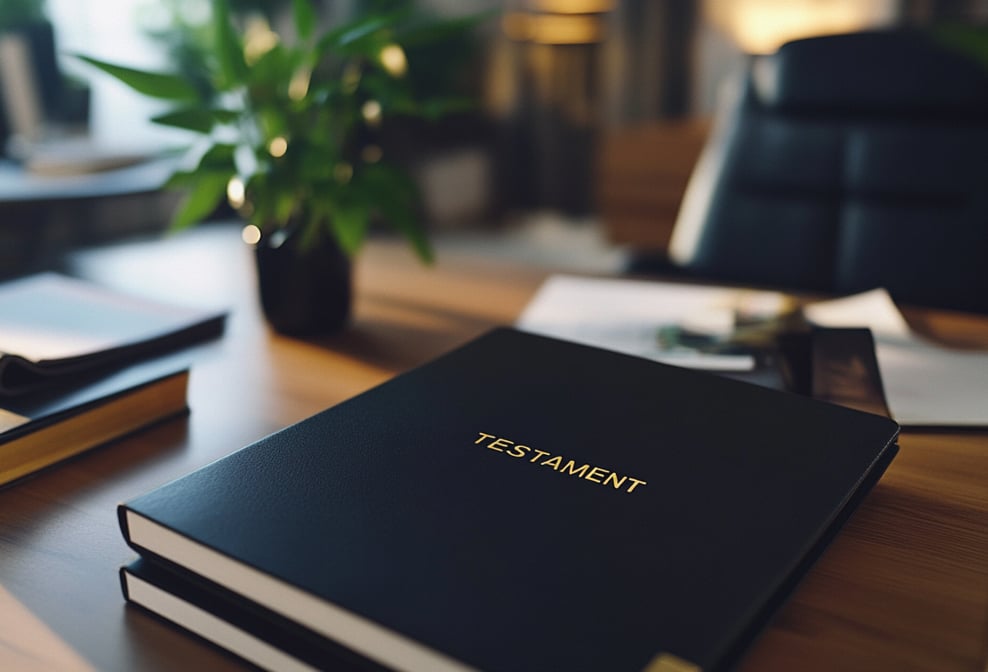 Schwarzer Ordner mit der Aufschrift Testament auf einem Schreibtisch im Büro