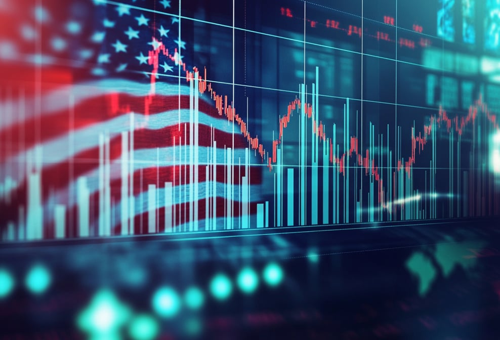 US-Flagge überlagert von Börsendiagrammen und Kursverläufen