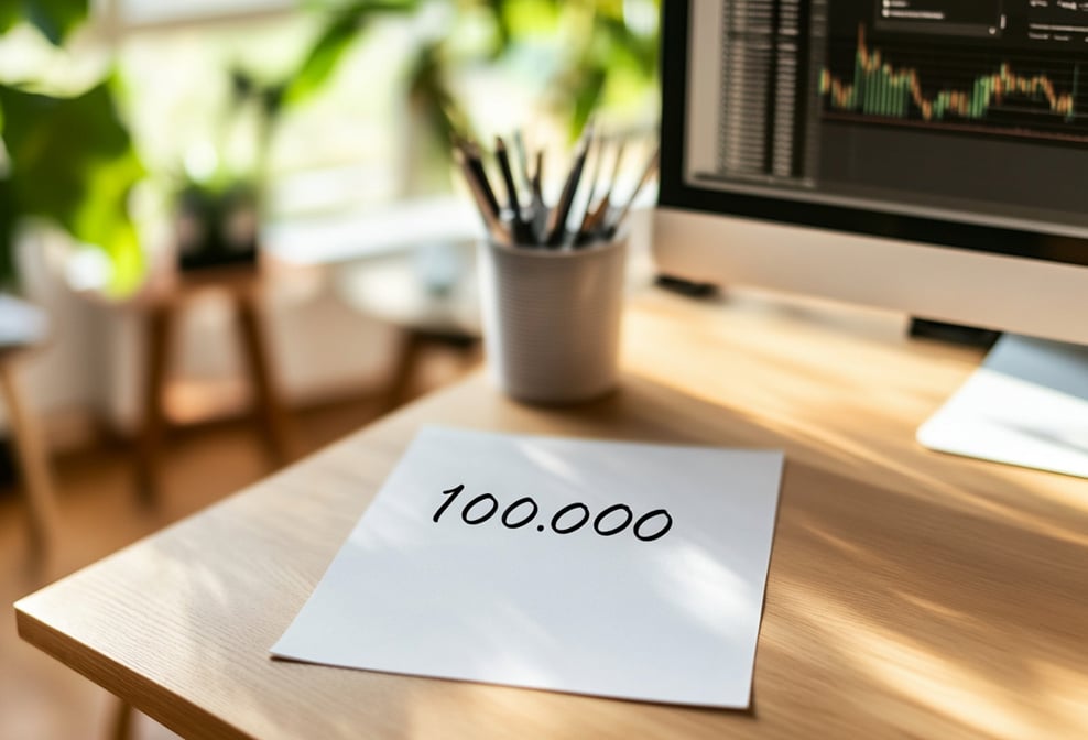 Papier mit der Zahl 100.000 auf einem Schreibtisch, im Hintergrund ein Computerbildschirm mit Finanzcharts
