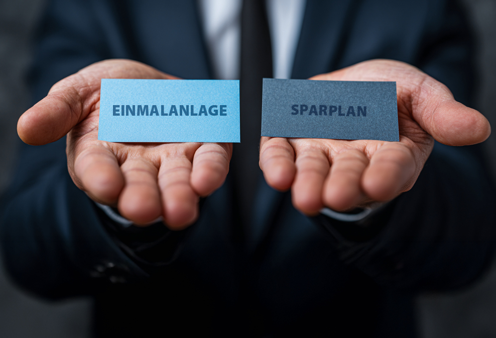 Mann hält zwei Karten in den Händen, Einmalanlage und Sparplan