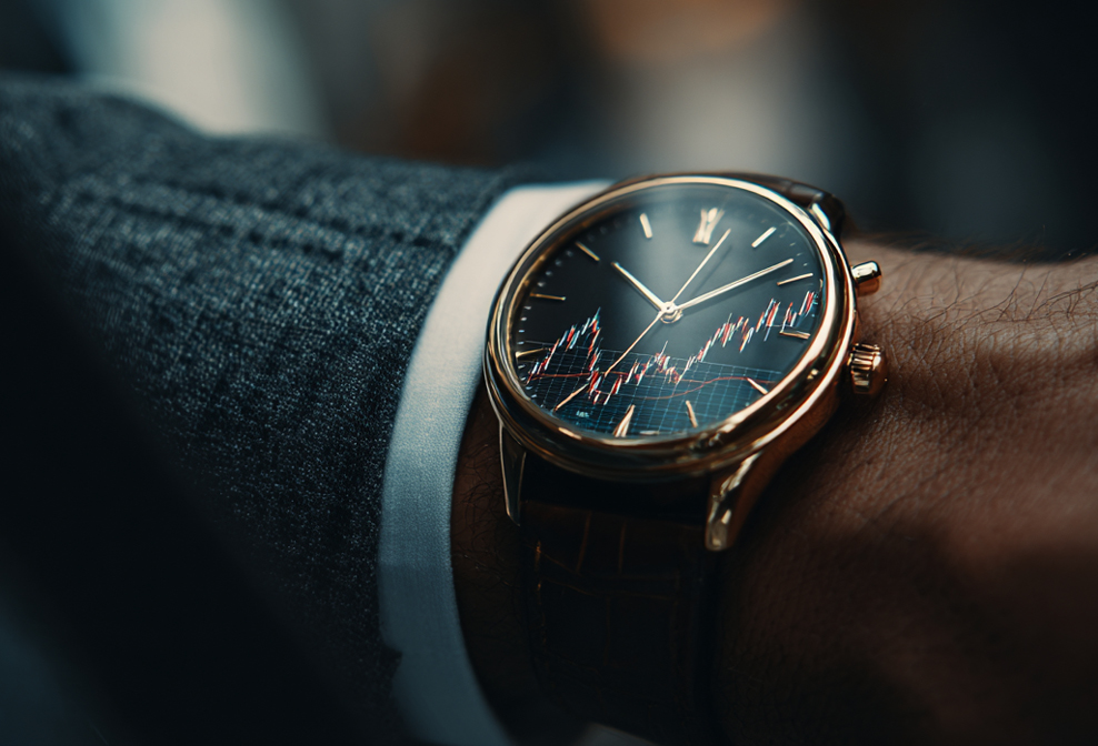 Armbanduhr mit Kurschart am Handgelenk eines Mannes